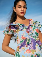 Blue Floral Short Sleeve Mesh Ruffle Maxi Dress - Image 4 of 7