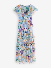 Blue Floral Short Sleeve Mesh Ruffle Maxi Dress - Image 5 of 7