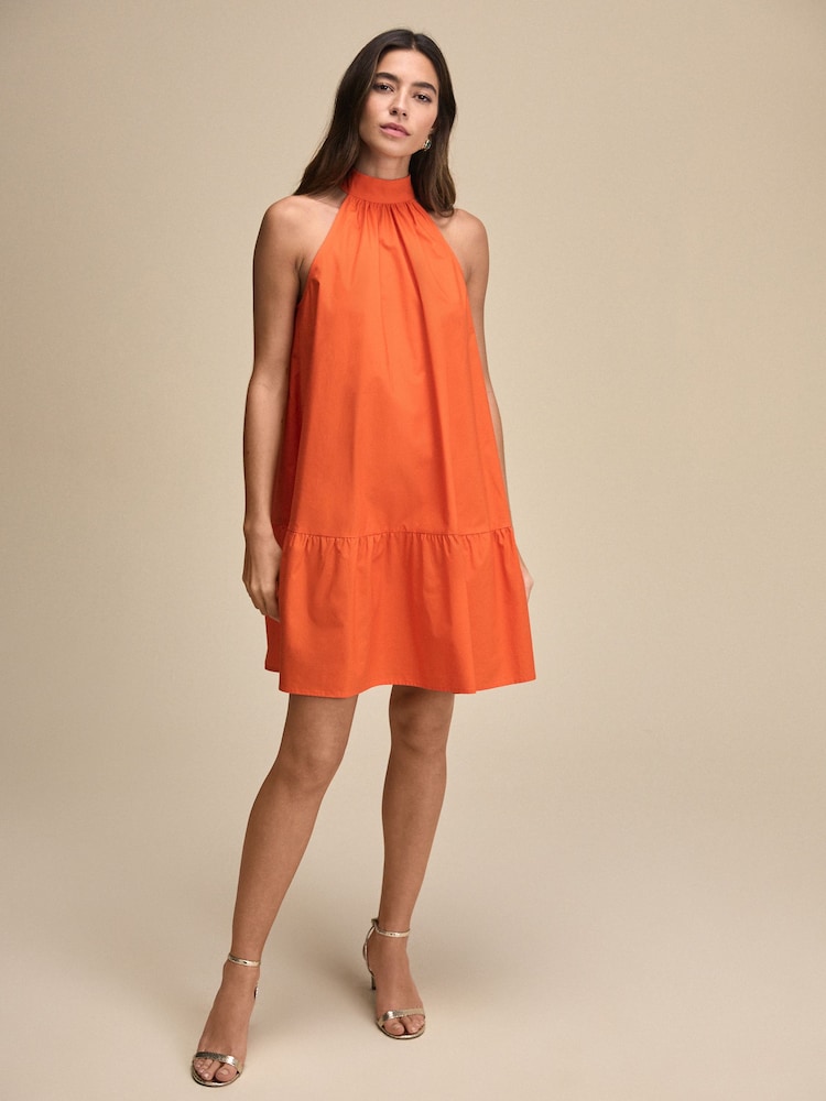 Orange 100% Cotton Halter Tie Neck Sleeveless Tiered Mini Dress - Image 2 of 7 Orange 100% Cotton Halter Tie Neck Sleeveless Tiered Mini Dress - Image 2 of 7