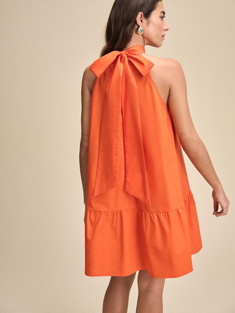 Orange - Robe courte à volants 100% coton à col noué et sans manches - Image 3 of 7
