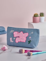 Blue Denim Slogan Makeup Bag - Image 1 of 6