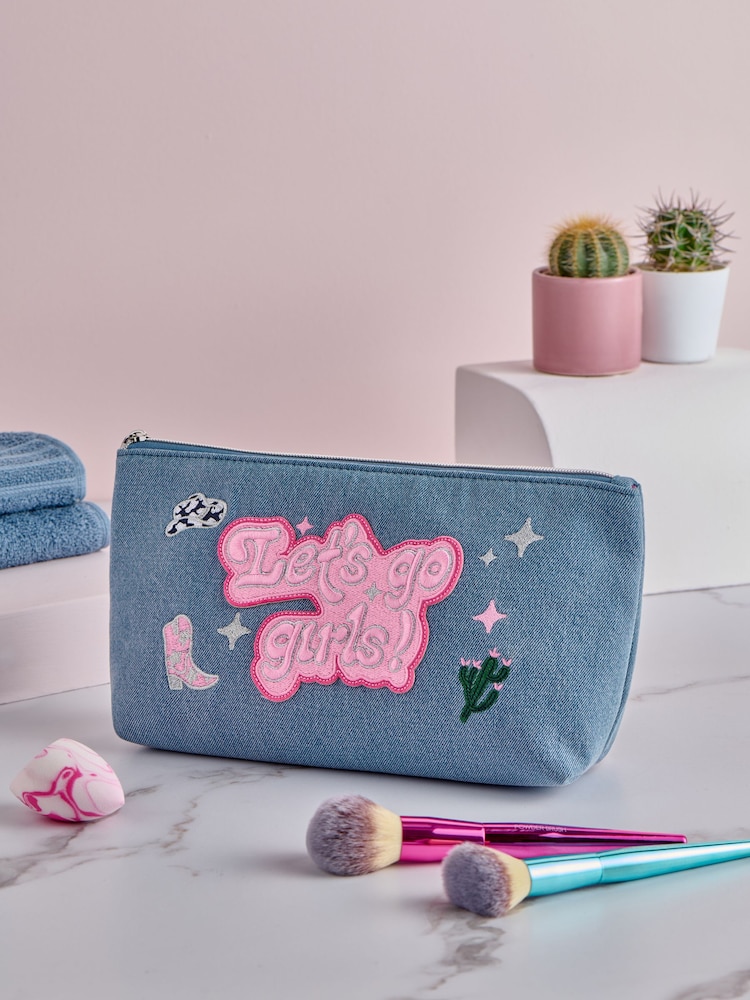 Blue Denim Slogan Makeup Bag - Image 1 of 6