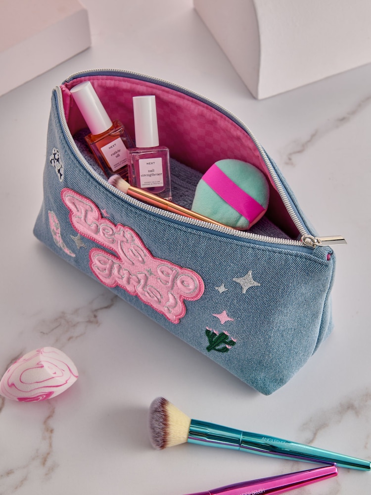 Blue Denim Slogan Makeup Bag - Image 2 of 6