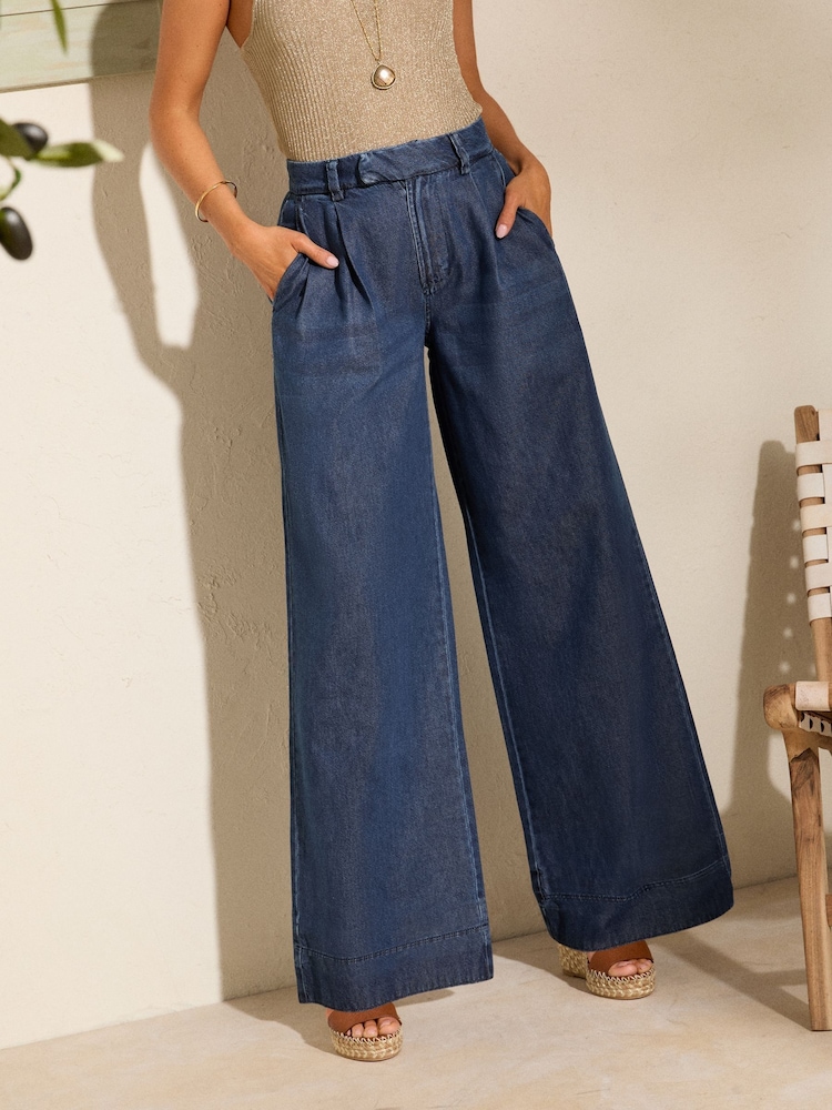 Friends Like These Dark Blue Pleat Front Wide Leg Jeans - Image 1 of 4