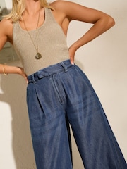 Friends Like These Dark Blue Pleat Front Wide Leg Jeans - Image 4 of 4