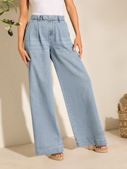 Friends Like These Mid Blue Pleat Front Wide Leg Jeans - Image 2 of 4