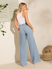 Friends Like These Mid Blue Pleat Front Wide Leg Jeans - Image 4 of 4