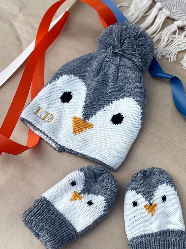 Solesmith Baby Grey Personalised Penguin Hat and Mittens Set - Image 1 of 3