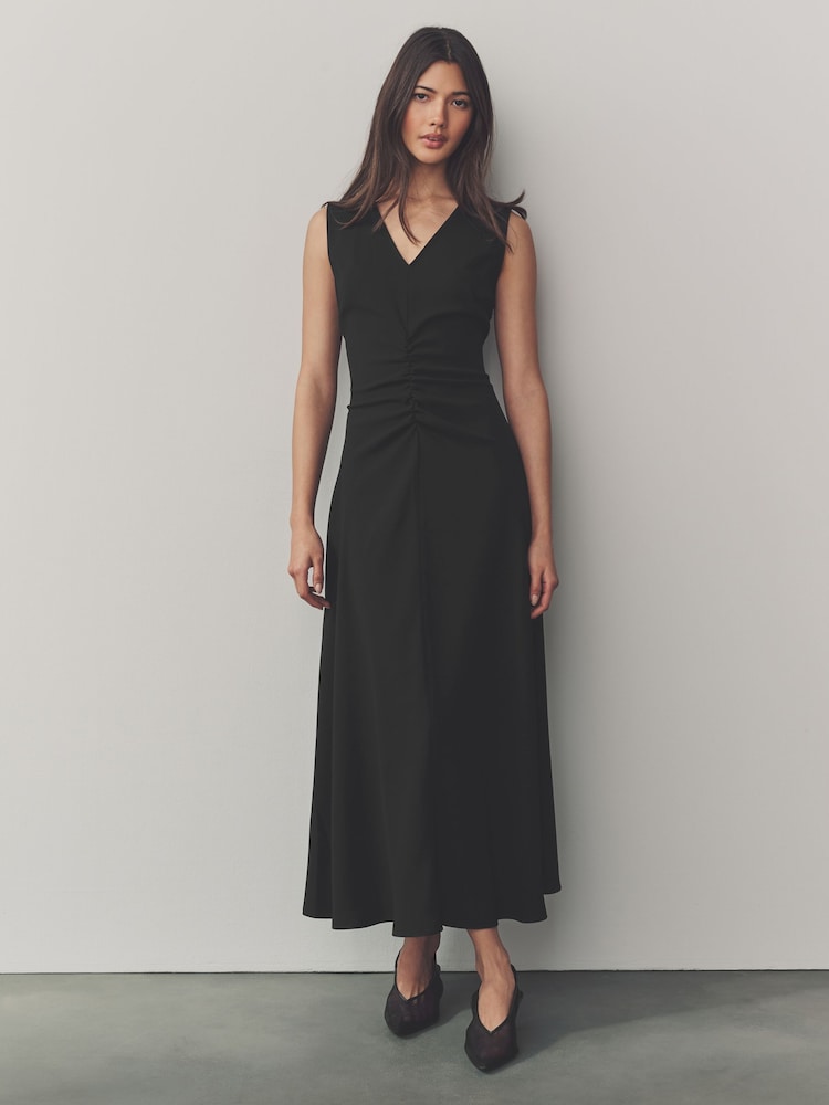 Noir - Peignoir mi-long froncé sans manches - Image 1 of 7