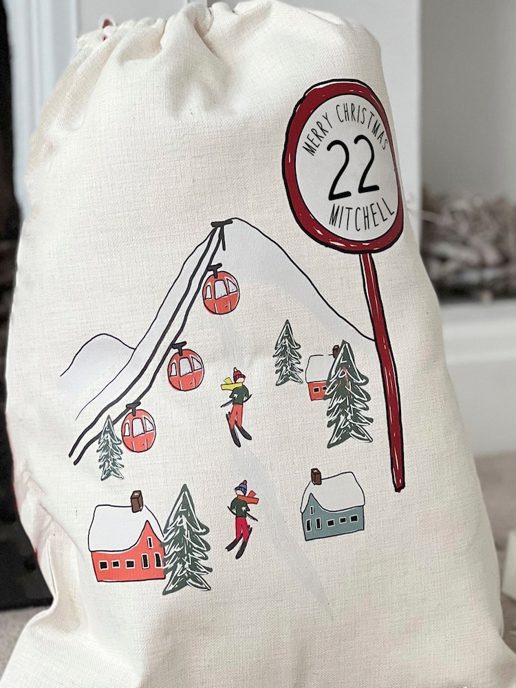 100% Linen Ski Scene Personalised Christmas Sack by Solesmith - Image 3 of 3