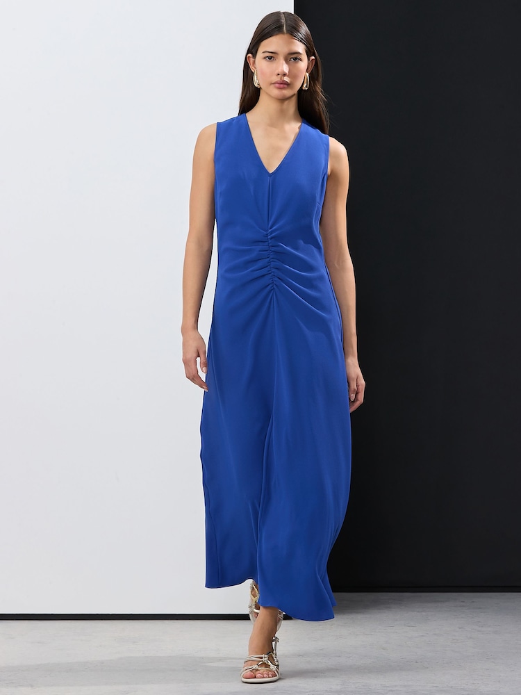 Blue Sleevless Ruched Midi Dress - Image 1 of 7