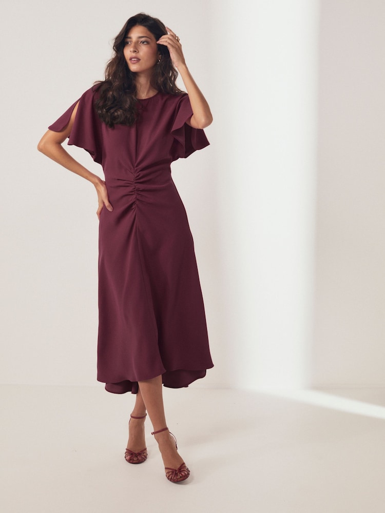 Burgundy Short Sleeve Ruched Midi Dress - Image 1 of 4 Burgundy Short Sleeve Ruched Midi Dress - Image 1 of 4