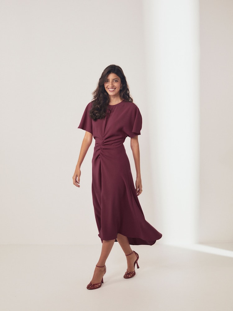 Burgundy Short Sleeve Ruched Midi Dress - Image 2 of 4 Burgundy Short Sleeve Ruched Midi Dress - Image 2 of 4