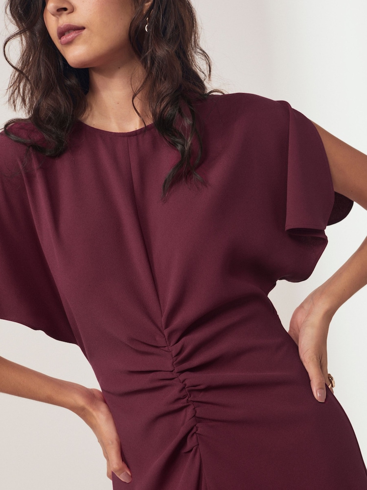 Burgundy Short Sleeve Ruched Midi Dress - Image 4 of 4 Burgundy Short Sleeve Ruched Midi Dress - Image 4 of 4