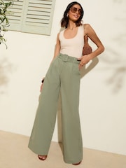 Friends Like These Khaki Green Belted Wide Leg Trousers - Image 1 of 4