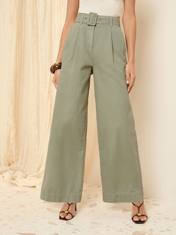 Friends Like These Khaki Green Belted Wide Leg Trousers - Image 1 of 4 Friends Like These Khaki Green Belted Wide Leg Trousers - Image 1 of 4
