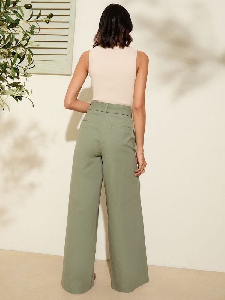 Friends Like These Khaki Green Belted Wide Leg Trousers - Image 4 of 4