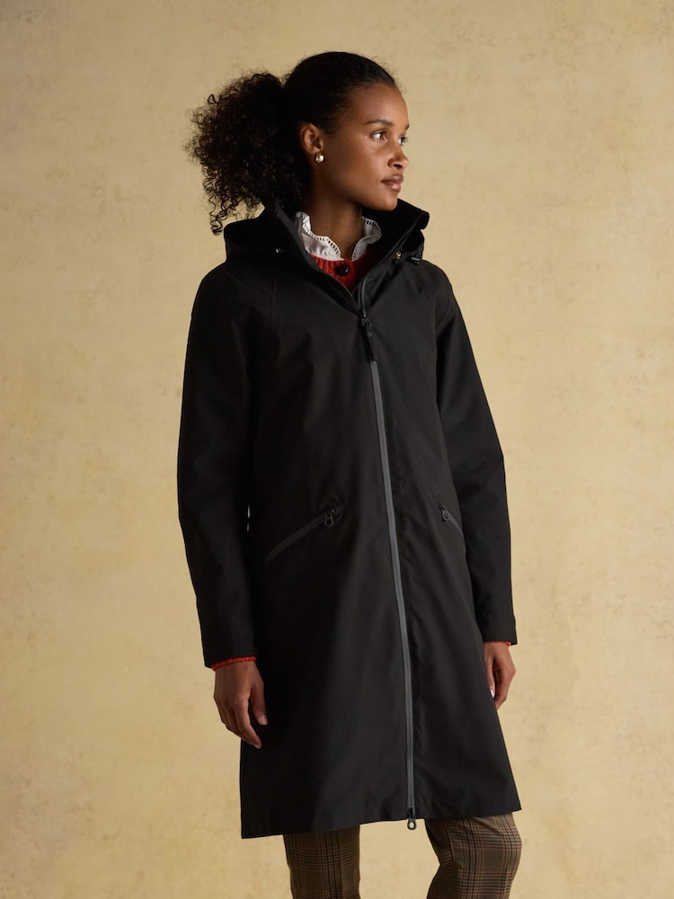 Joules Rainaway Black Lightweight Waterproof Longline Raincoat with Hood - Image 1 of 13 Joules Rainaway Black Lightweight Waterproof Longline Raincoat with Hood - Image 1 of 13