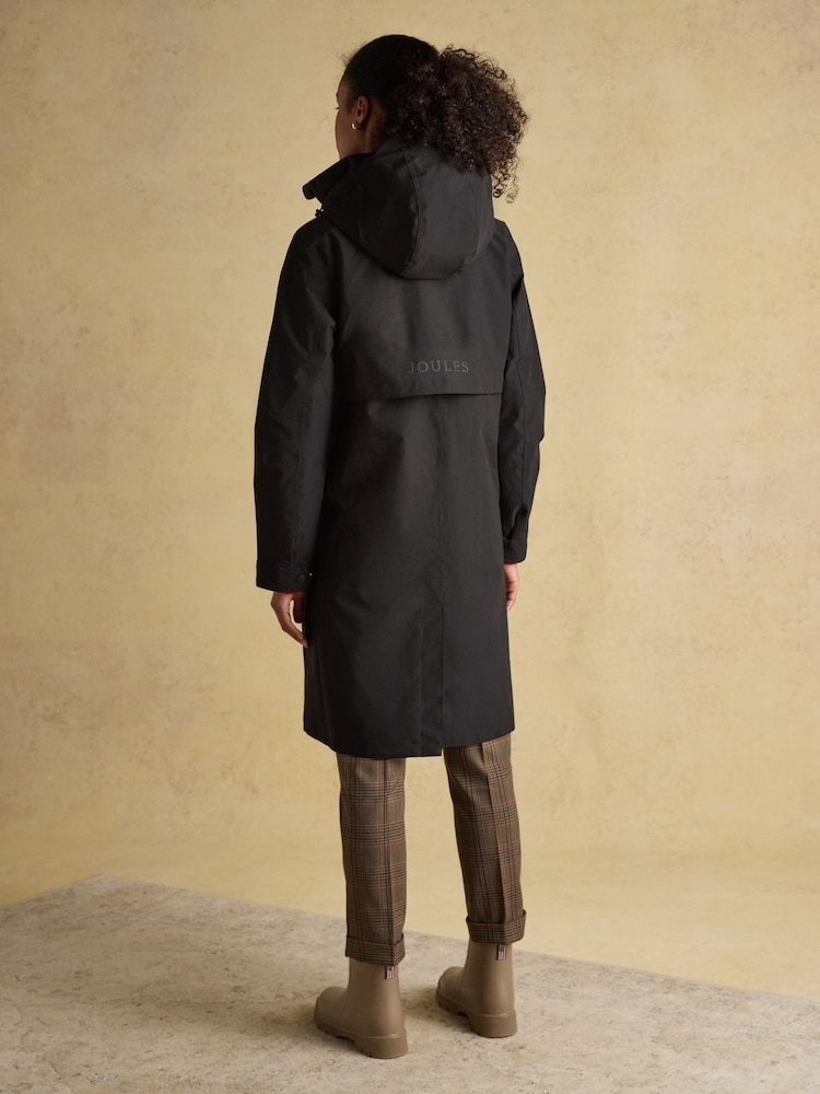 Joules Rainaway Black Lightweight Waterproof Longline Raincoat with Hood - Image 2 of 13 Joules Rainaway Black Lightweight Waterproof Longline Raincoat with Hood - Image 2 of 13