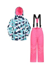 Mountain Warehouse Blue Kids Fleece Lined Printed Snow Ski Jacket And Trousers Set - Image 1 of 12