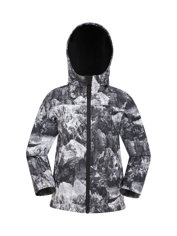 Mountain Warehouse Dark Black Exodus Kids Printed Water-Resistant Softshell Jacket - Image 1 of 5
