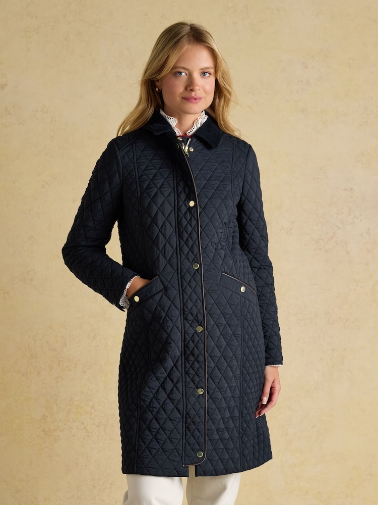 Joules Rosewell Navy Longline Diamond Quilted Showerproof Coat with Collar - Image 1 of 10 Joules Rosewell Navy Longline Diamond Quilted Showerproof Coat with Collar - Image 1 of 10