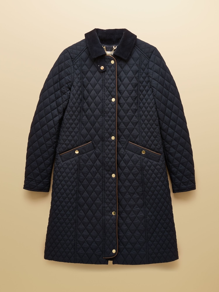 Joules Rosewell Navy Longline Diamond Quilted Showerproof Coat with Collar - Image 13 of 13 Joules Rosewell Navy Longline Diamond Quilted Showerproof Coat with Collar - Image 13 of 13