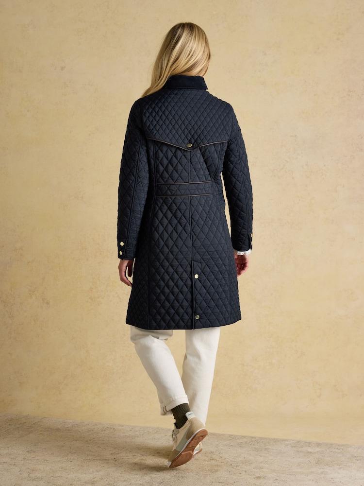 Joules Rosewell Navy Longline Diamond Quilted Showerproof Coat with Collar - Image 2 of 10 Joules Rosewell Navy Longline Diamond Quilted Showerproof Coat with Collar - Image 2 of 10