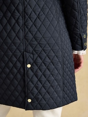 Joules Rosewell Navy Longline Diamond Quilted Showerproof Coat with Collar - Image 9 of 10