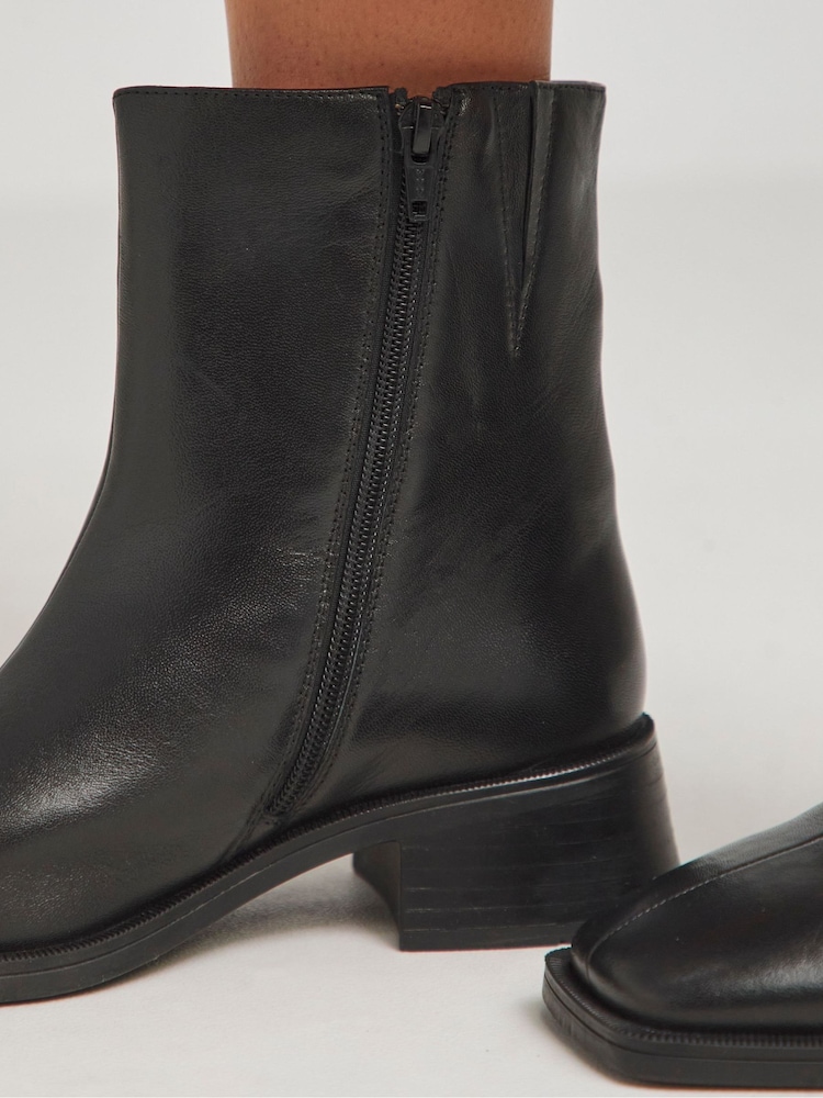 Buy JD Williams Black Low Block Heel Square Toe Leather Boots In