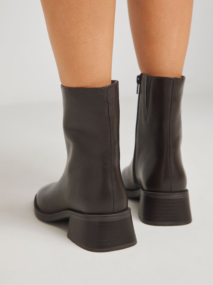 JD Williams Brown Low Block Heel Square Toe Leather Boots In Wide Fit - Image 4 of 4