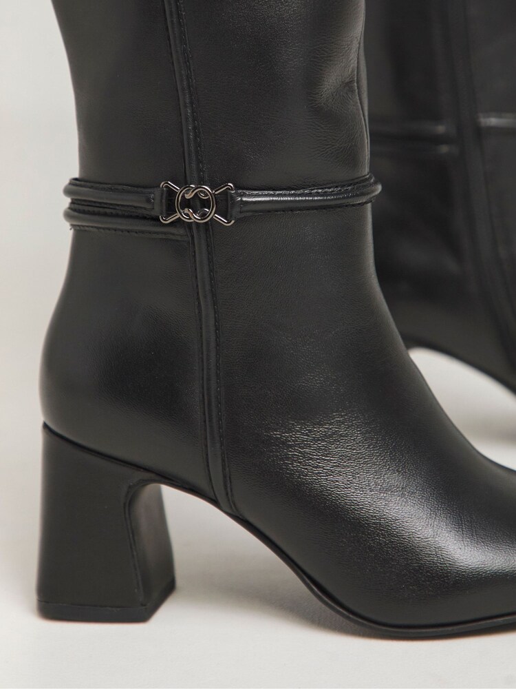 JD Williams Black Leather Knee High Heeled Boots With Ankle Trim In Extra Wide Fit Curvy Calf - Image 4 of 4