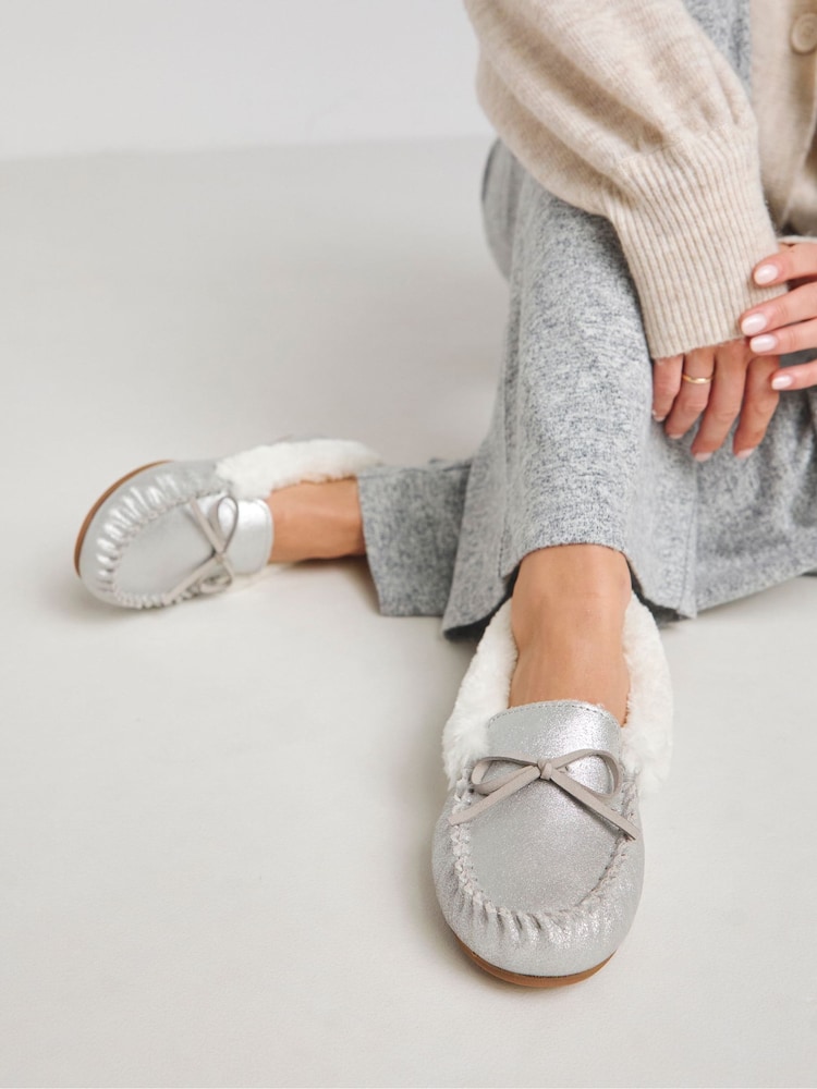 JD Williams Silver Classic Suede Moccasin Slippers In Extra Wide Fit - Image 1 of 4