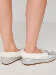 JD Williams Silver Classic Suede Moccasin Slippers In Extra Wide Fit - Image 2 of 4