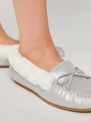 JD Williams Silver Classic Suede Moccasin Slippers In Extra Wide Fit - Image 4 of 4