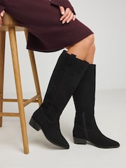 JD Williams Black Knee High Suede Cowboy Boots In Extra Wide Fit - Image 1 of 4