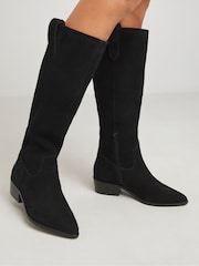 JD Williams Black Knee High Suede Cowboy Boots In Extra Wide Fit - Image 3 of 4