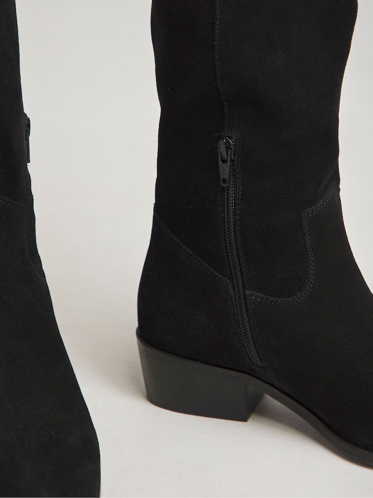 JD Williams Black Knee High Suede Cowboy Boots In Extra Wide Fit - Image 4 of 4