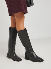 JD Williams Black Low Block Heel Leather Knee High Boots In Wide Fit Super Curvy Calf - Image 1 of 4