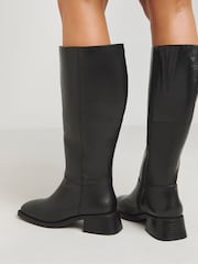 JD Williams Black Low Block Heel Leather Knee High Boots In Wide Fit Super Curvy Calf - Image 2 of 4
