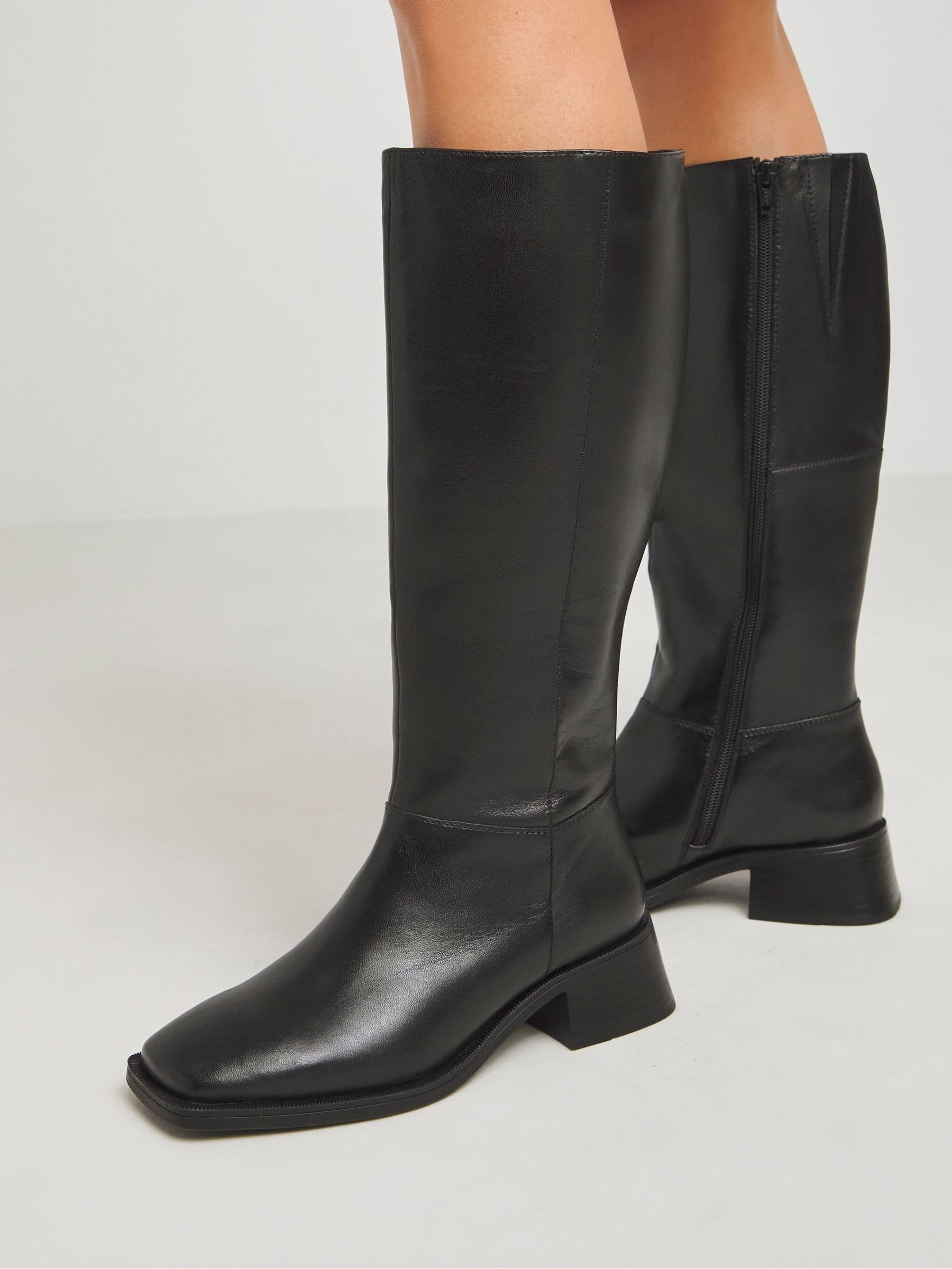 Buy JD Williams Black Low Block Heel Leather Knee High Boots In