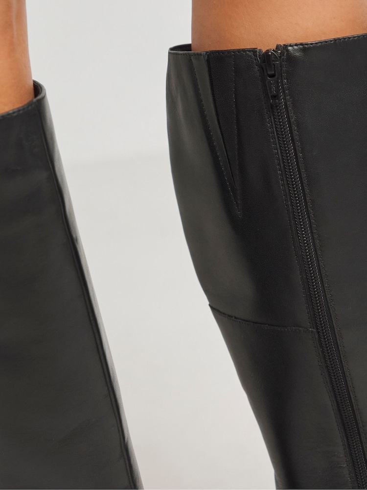 JD Williams Black Low Block Heel Leather Knee High Boots In Wide Fit Super Curvy Calf - Image 4 of 4