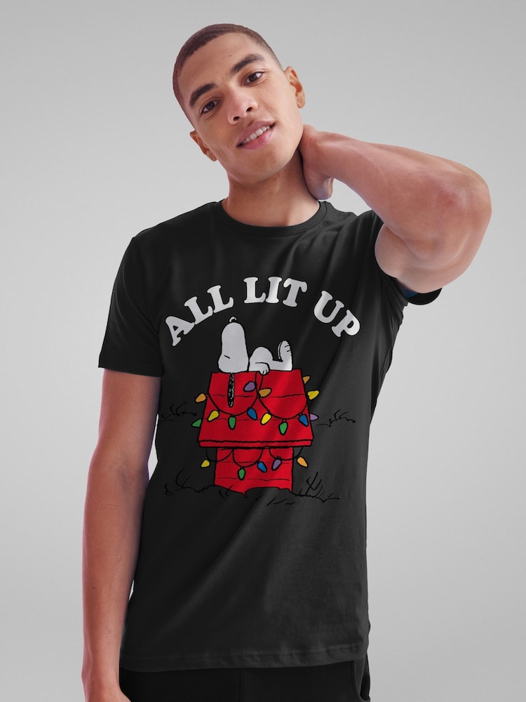 All + Every Black Peanuts Christmas All Lit Up Snoopy Mens 100% Cotton T-Shirt - Image 2 of 4