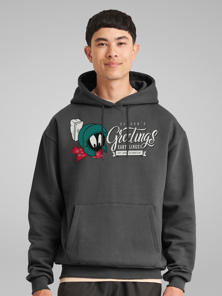 All + Every Grey Looney Tunes Christmas Marvin Seasons Greetings Earthlings Mens Hooded Sweatshirt - Image 1 of 4