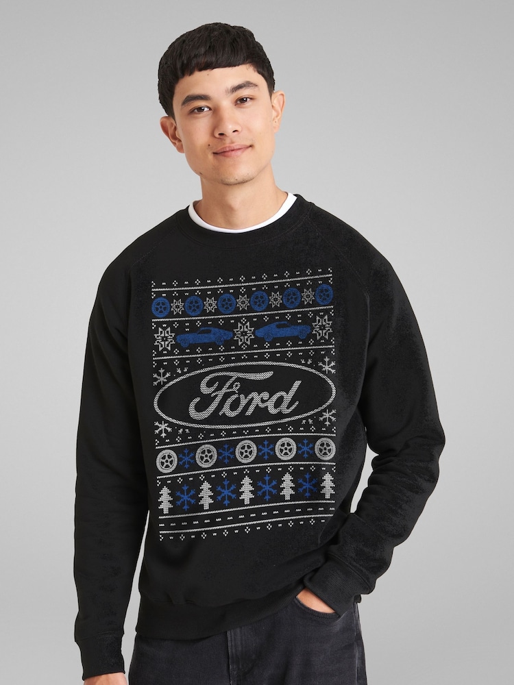 All + Every Black Mens Ford Christmas Logo Knitted Pattern Sweatshirt - Image 1 of 4