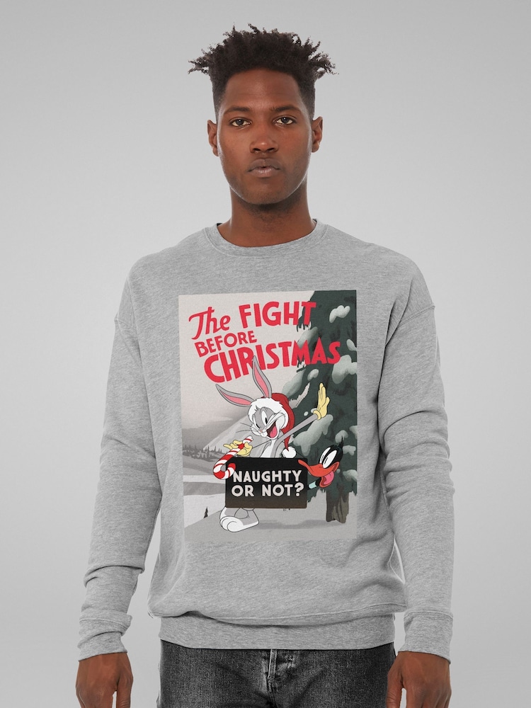 All + Every Grey Looney Tunes Christmas Bugs Bunny The Fight Before Xmas Mens Sweatshirt - Image 1 of 4