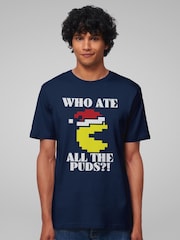 All + Every Blue Pac Man Christmas Who Ate All The Puds Mens 100% Cotton T-Shirt - Image 1 of 4