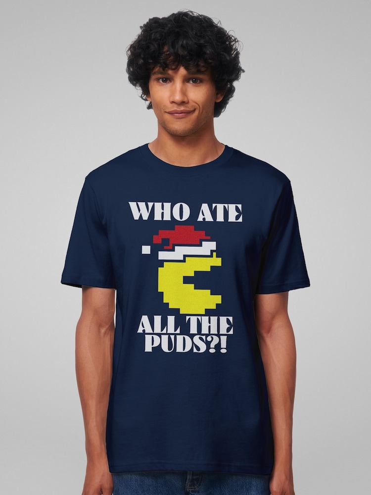 All + Every Blue Pac Man Christmas Who Ate All The Puds Mens 100% Cotton T-Shirt - Image 1 of 4