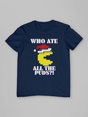 All + Every Blue Pac Man Christmas Who Ate All The Puds Mens 100% Cotton T-Shirt - Image 3 of 4