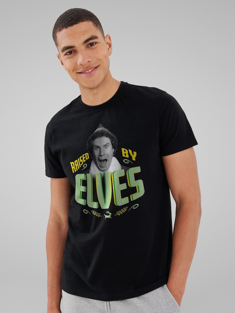 All + Every Black Elf Christmas Raised By Elves Mens 100% Cotton T-Shirt - Image 1 of 4